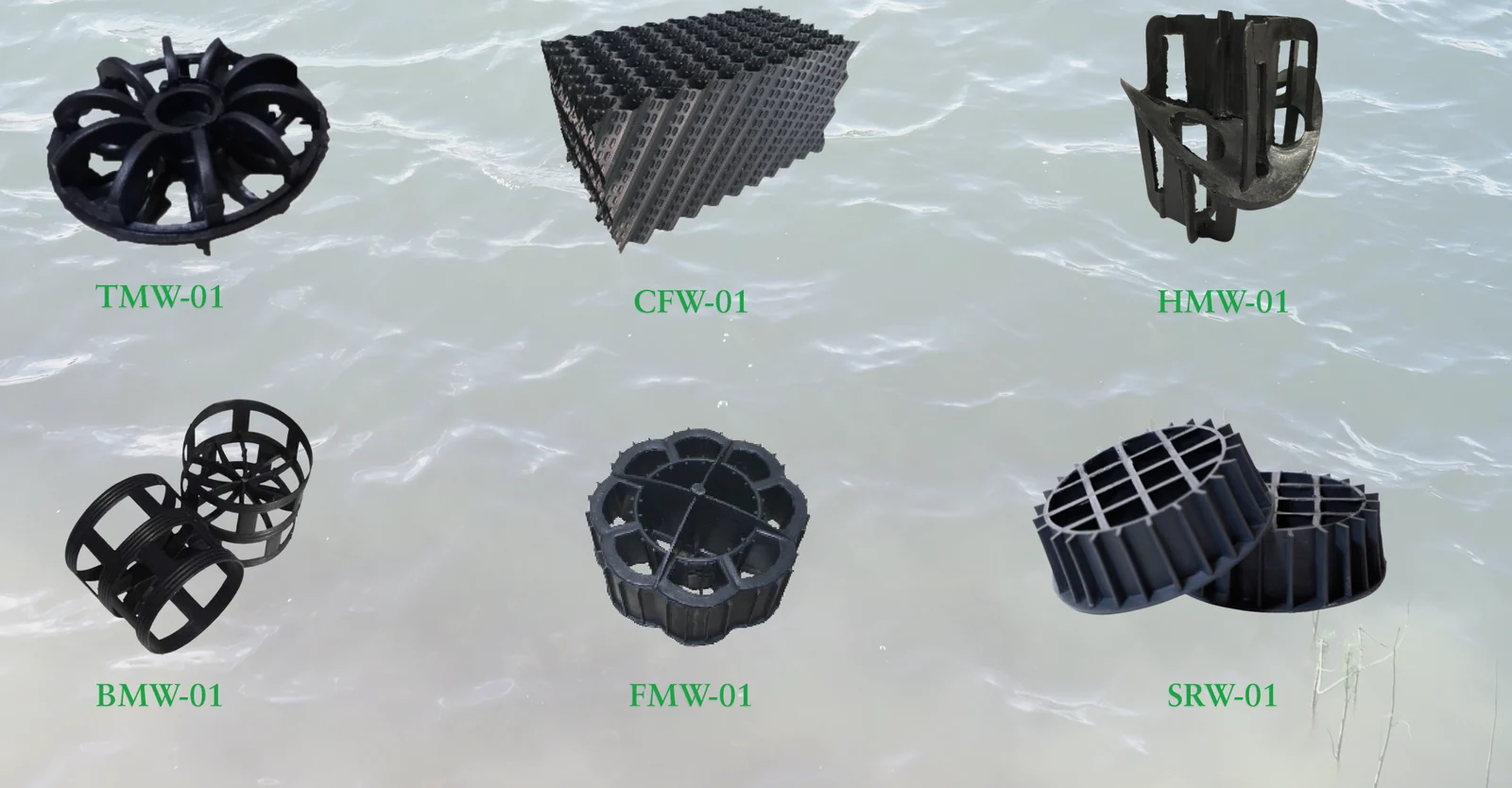 ตัวกลางชีวภาพทั้ง 6 รุ่น TMW-01 CFW-01 HMW-01 BMW-01 FMW-01 และ SRW-01 เรียงให้เห็นรูปทรงแต่ละแบบ