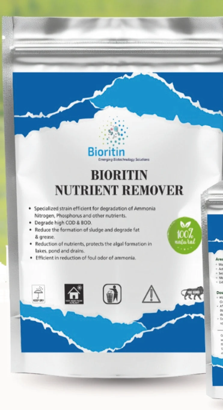 ถุงผลิตภัณฑ์จุลินทรีย์ BIORITIN NUTRIENT REMOVER ลายคลื่นน้ำสีฟ้าขาว