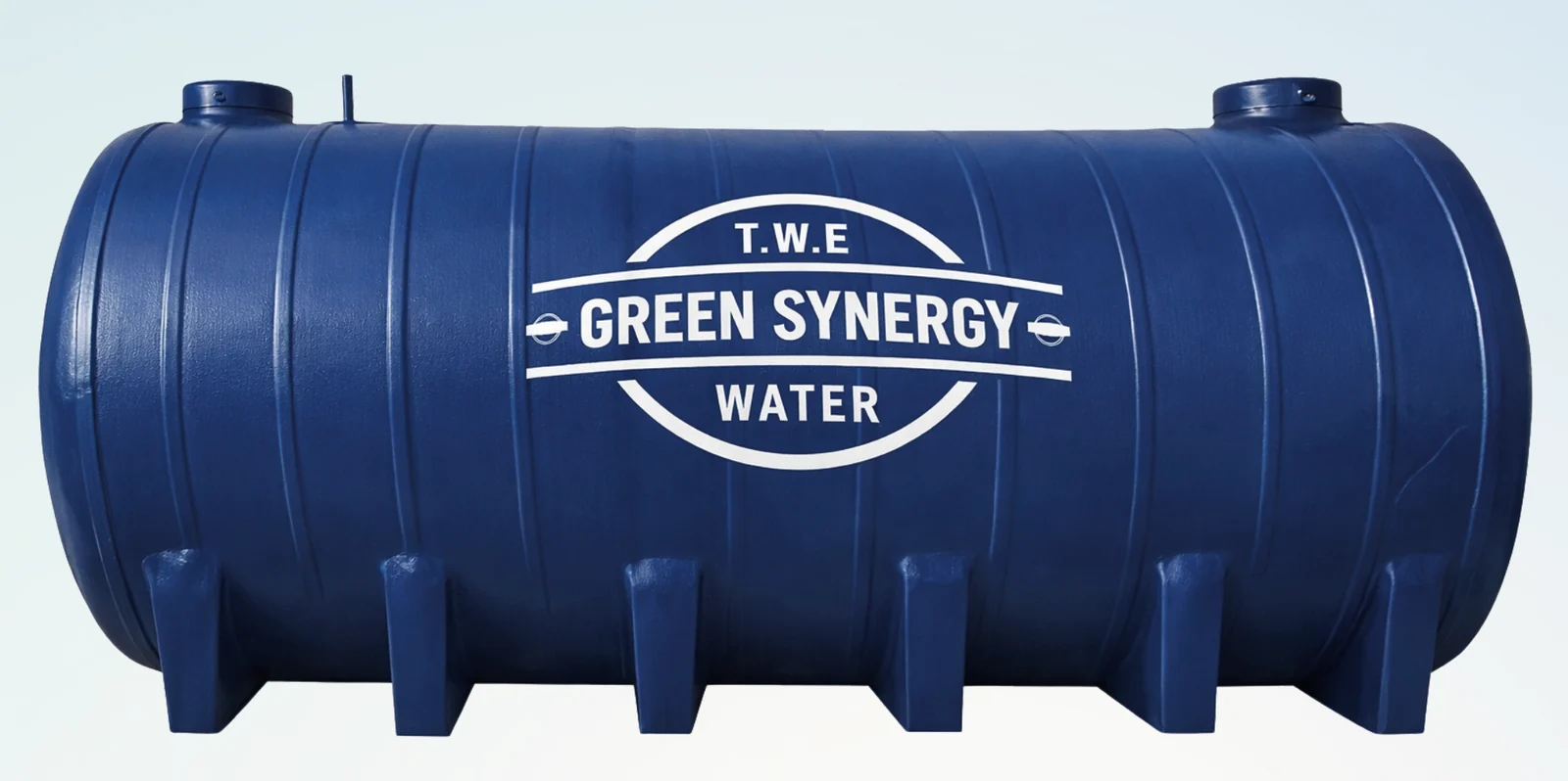 ถังเก็บน้ำดีไฟเบอร์กลาสทรงนอน รุ่น WHT สีน้ำเงิน พ่นโลโก้ T.W.E GREEN SYNERGY WATER
